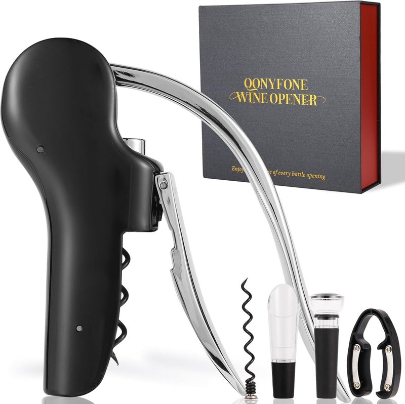 QONYFONE فتاحة زجاجات النبيذ، مجموعة فتاحة عمودية 5 قطع، تصميم عمودي يدوي، تشمل قاطع ورق النبيذ، لولب إضافي، صب النبيذ وسدادة النبيذ، علبة هدايا أنيقة، سوداء - Image 1